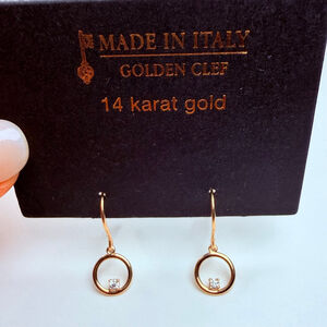 14K Solid Yellow Gold Cubic Zirconia CZ Halo Circle Hoop Dangle Earrings New!